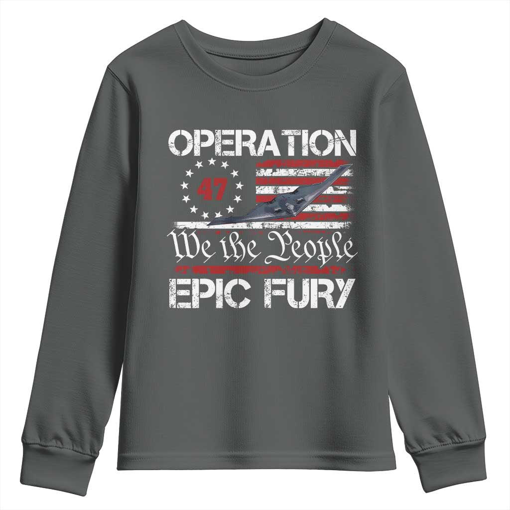Operation Epic Fury Youth Sweatshirt Military Bomber Stealth Jet Vintage American Flag
