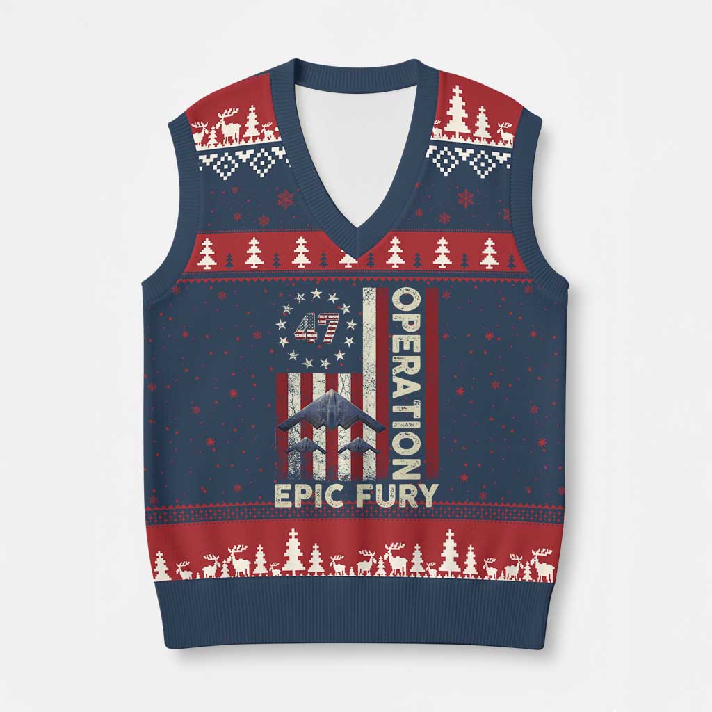 Operation Epic Fury V-Neck Knit Sweater Vest Military Tactical Warfare Stealth Jet American Flag