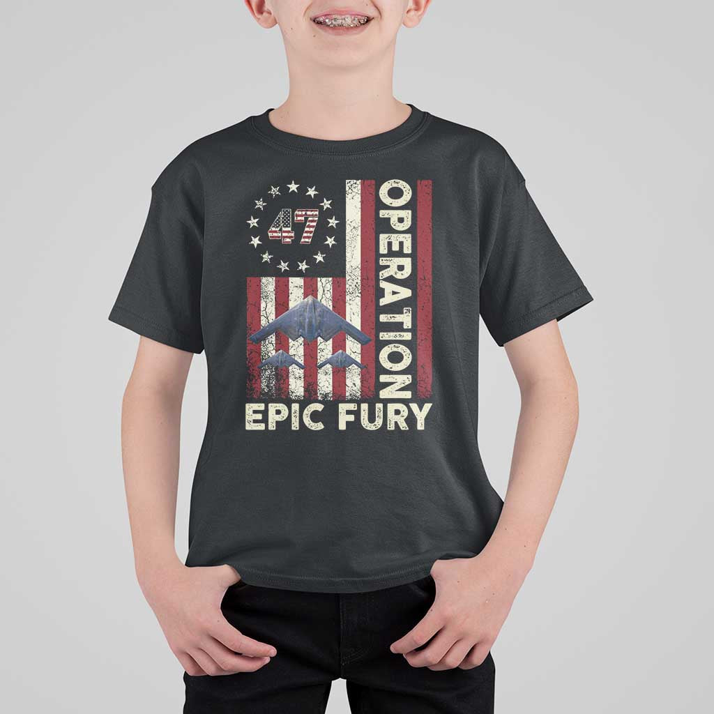 Operation Epic Fury T Shirt For Kid Military Tactical Warfare Stealth Jet American Flag