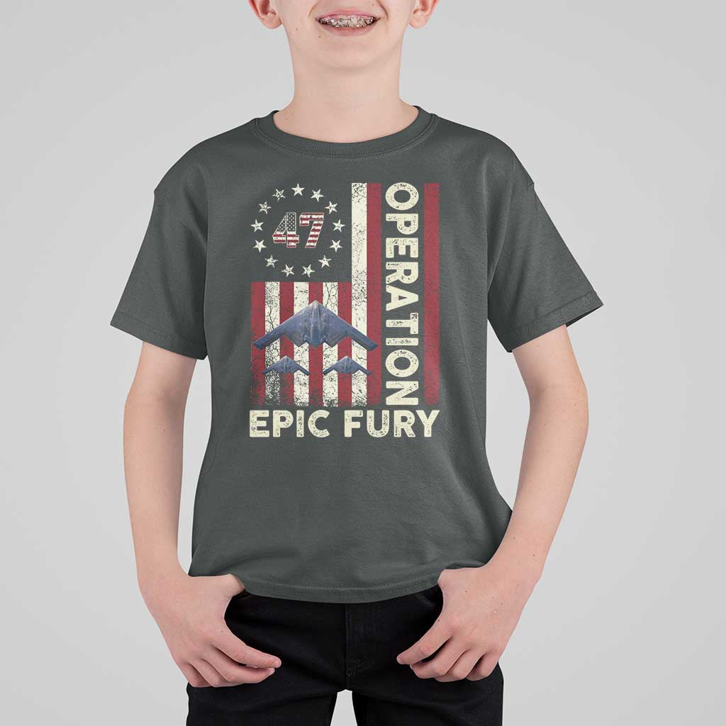 Operation Epic Fury T Shirt For Kid Military Tactical Warfare Stealth Jet American Flag