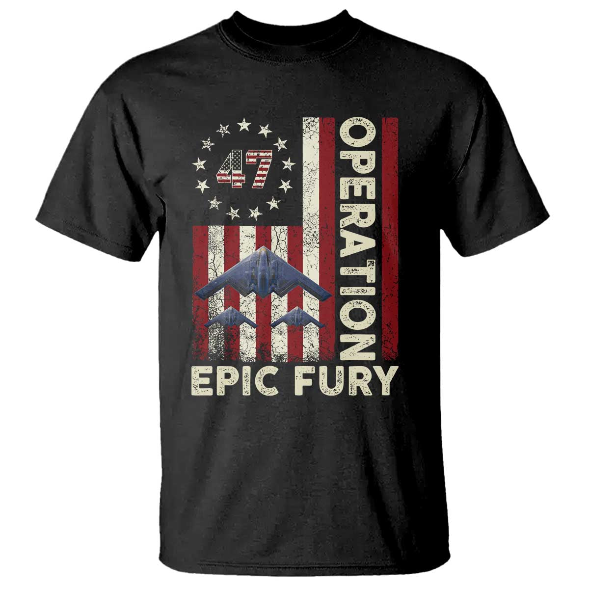 Operation Epic Fury T Shirt Military Tactical Warfare Stealth Jet American Flag