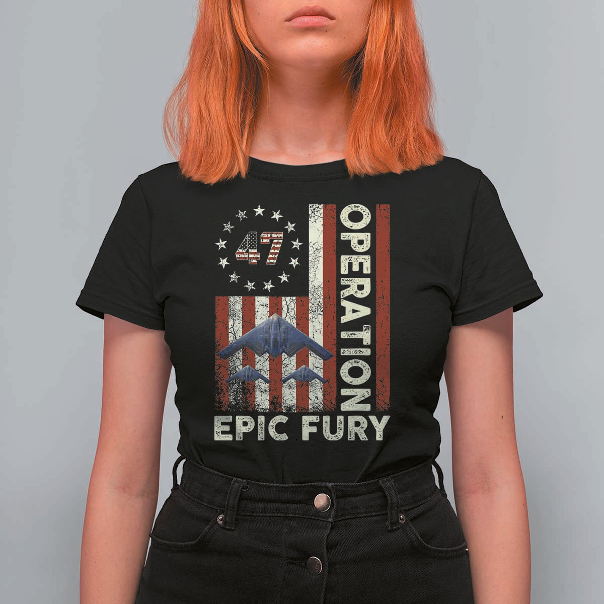 Operation Epic Fury T Shirt For Women Military Tactical Warfare Stealth Jet American Flag