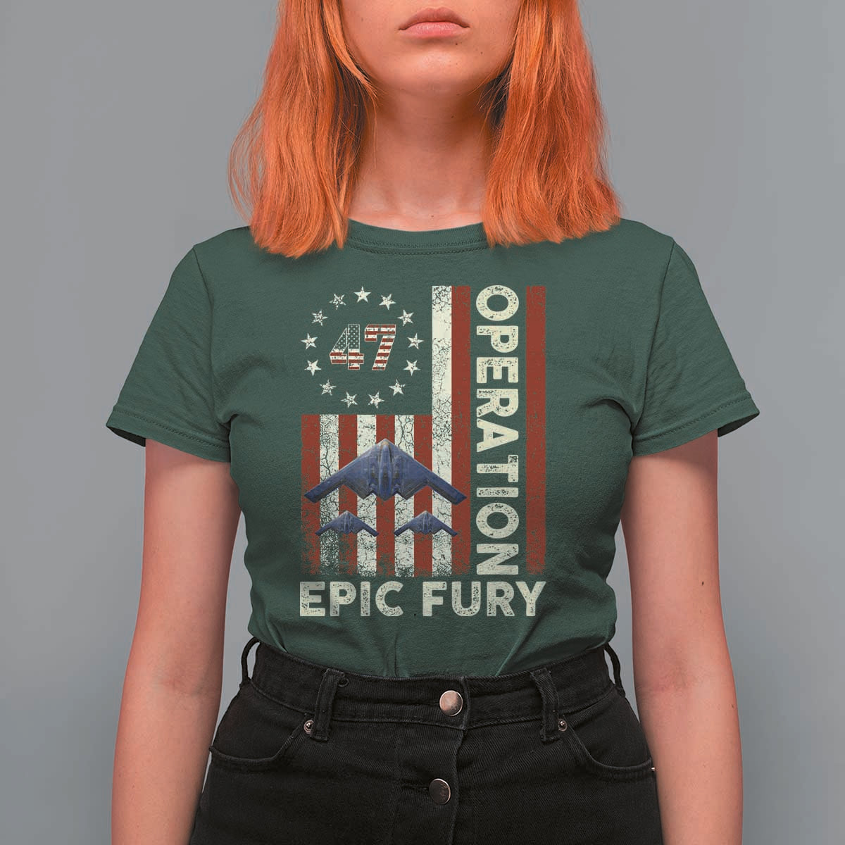 Operation Epic Fury T Shirt For Women Military Tactical Warfare Stealth Jet American Flag