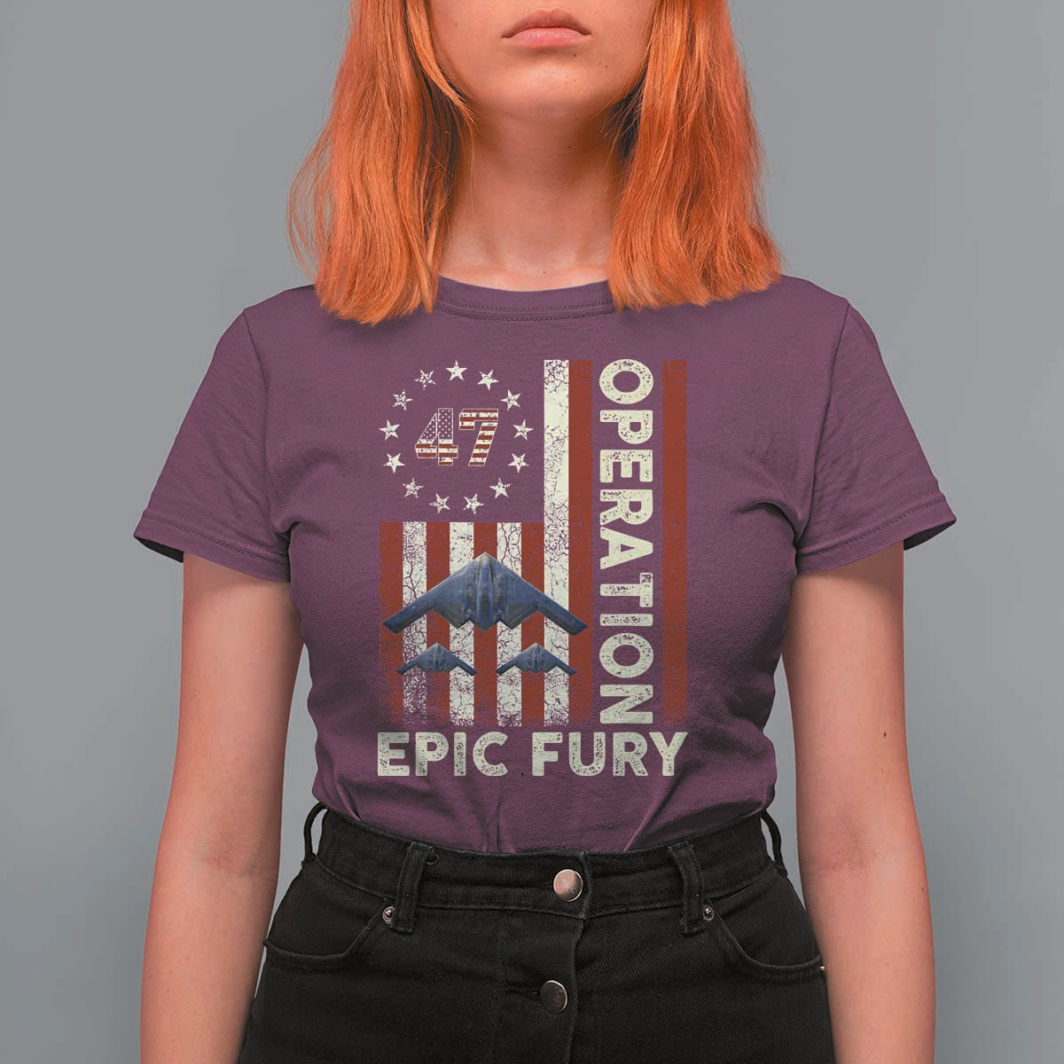 Operation Epic Fury T Shirt For Women Military Tactical Warfare Stealth Jet American Flag