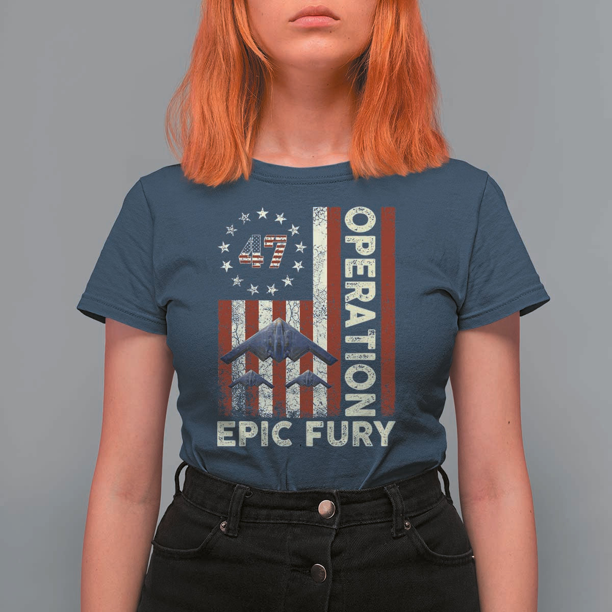 Operation Epic Fury T Shirt For Women Military Tactical Warfare Stealth Jet American Flag