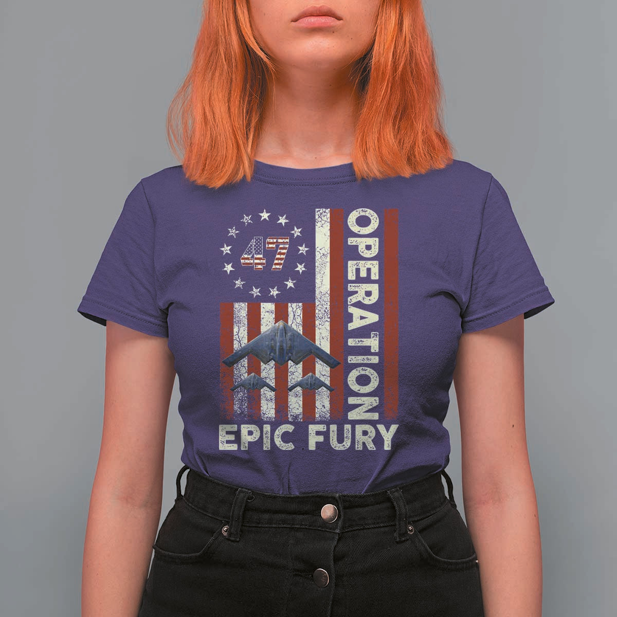 Operation Epic Fury T Shirt For Women Military Tactical Warfare Stealth Jet American Flag