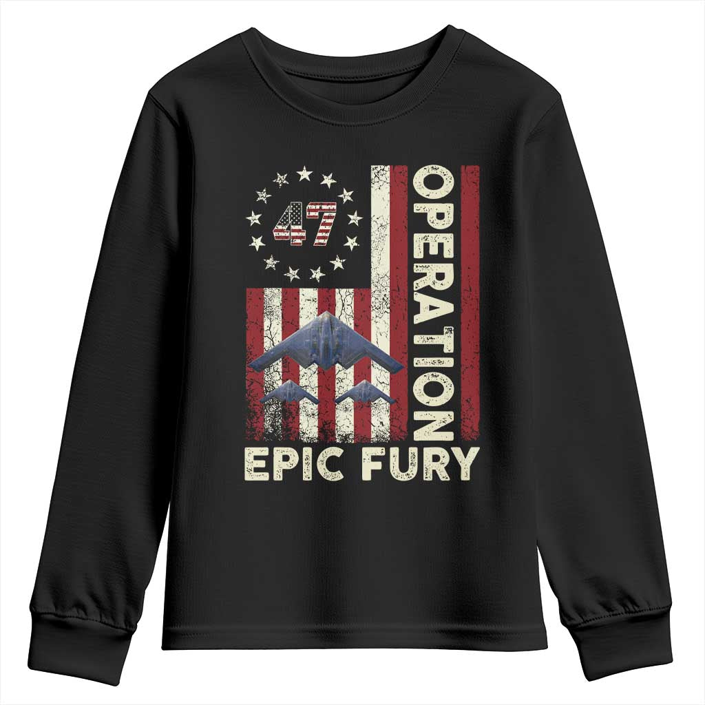 Operation Epic Fury Youth Sweatshirt Military Tactical Warfare Stealth Jet American Flag