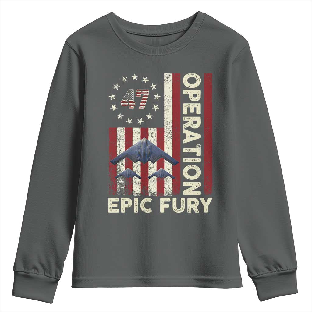 Operation Epic Fury Youth Sweatshirt Military Tactical Warfare Stealth Jet American Flag