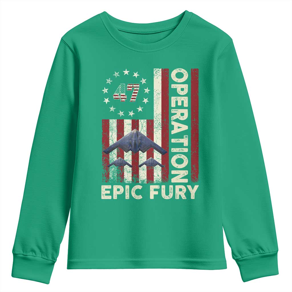 Operation Epic Fury Youth Sweatshirt Military Tactical Warfare Stealth Jet American Flag