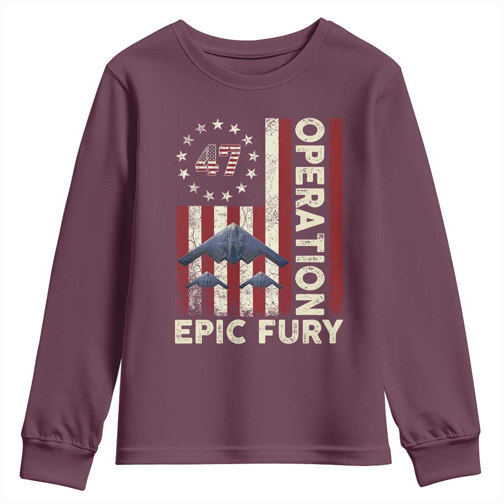 Operation Epic Fury Youth Sweatshirt Military Tactical Warfare Stealth Jet American Flag