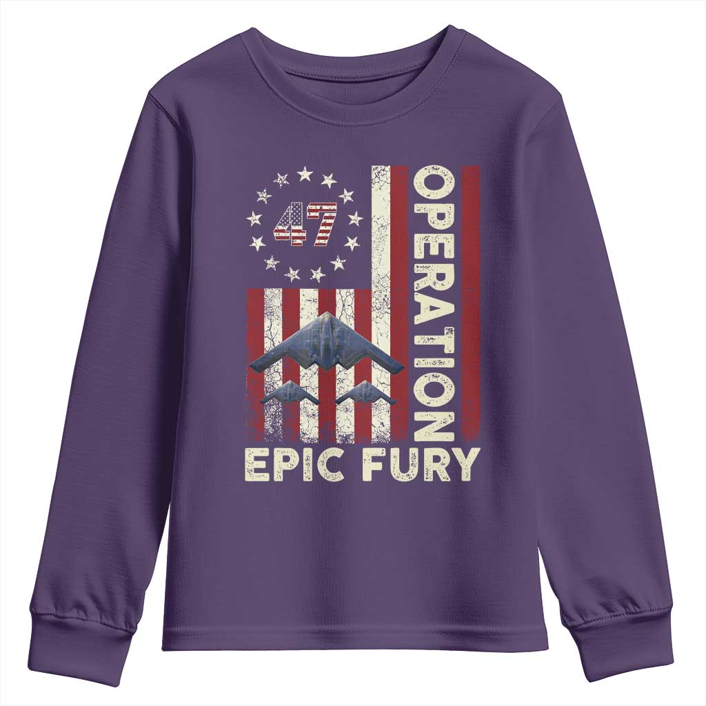 Operation Epic Fury Youth Sweatshirt Military Tactical Warfare Stealth Jet American Flag