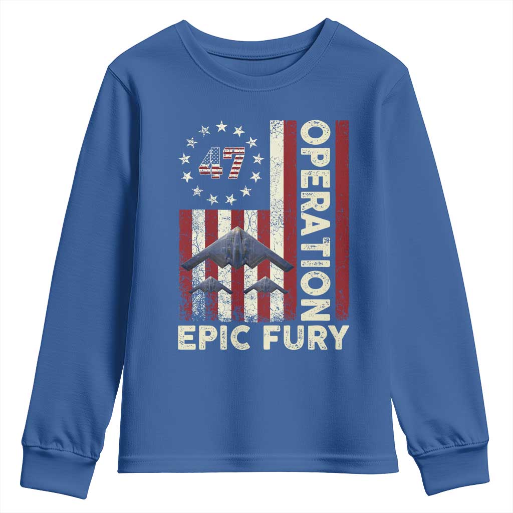 Operation Epic Fury Youth Sweatshirt Military Tactical Warfare Stealth Jet American Flag