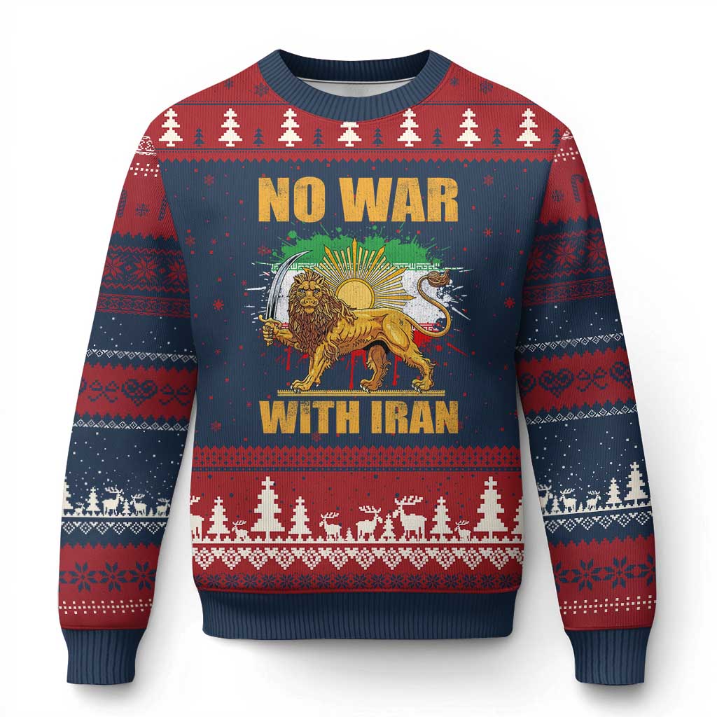 No War With Iran Ugly Christmas Sweater Iran Flag Lion And Sun Persian Pride