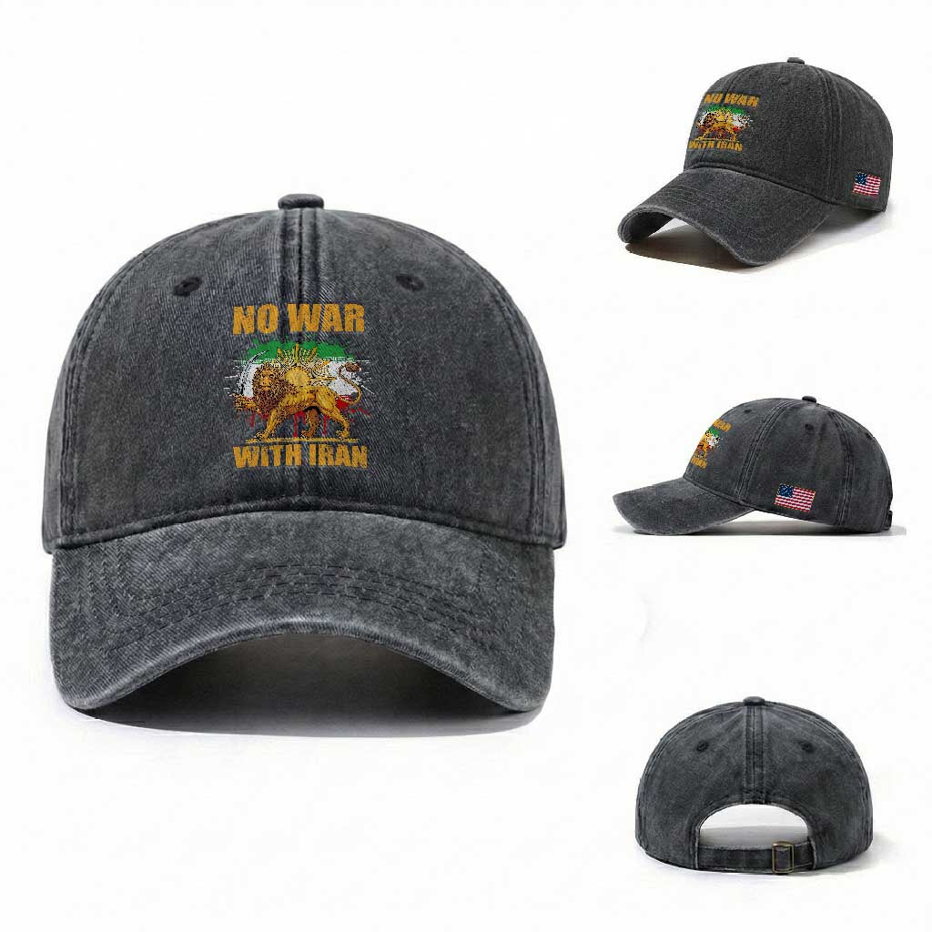 No War With Iran Washed Cotton Baseball Cap Iran Flag Lion And Sun Persian Pride