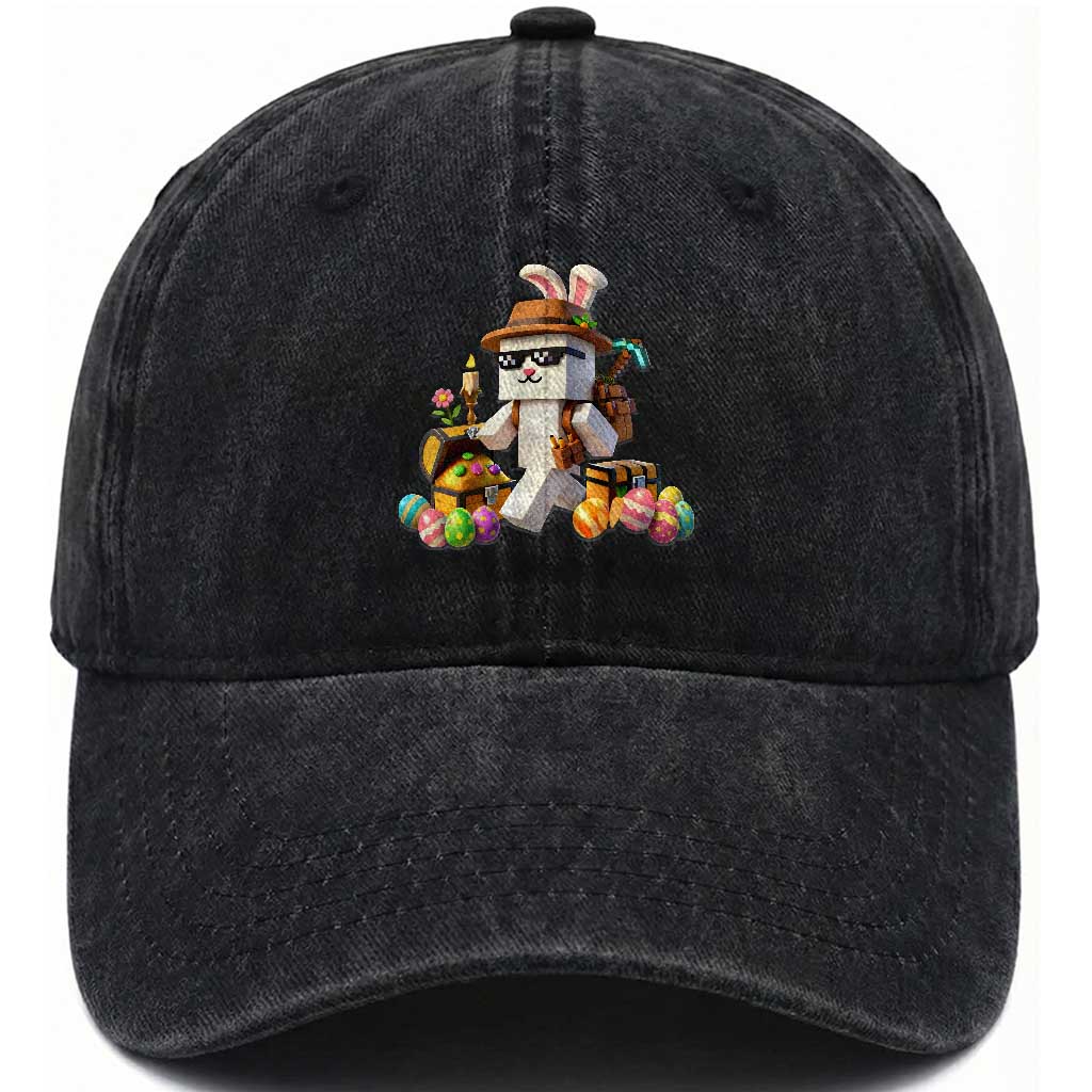 Funny Easter Day Bunny Miner Egg Video Game Washed Cotton Baseball Cap