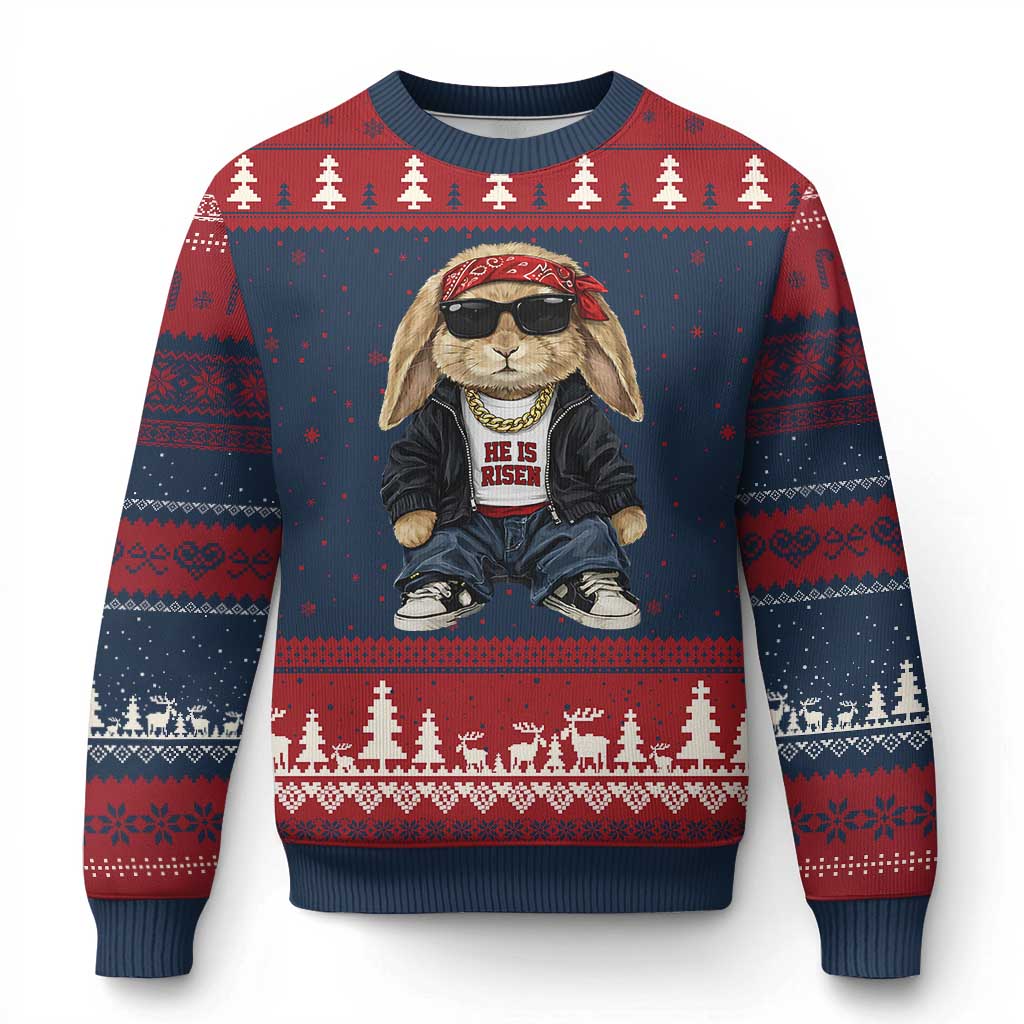 Hip Hop Easter Bunny He is Risen Jesus Religious Christian Ugly Christmas Sweater