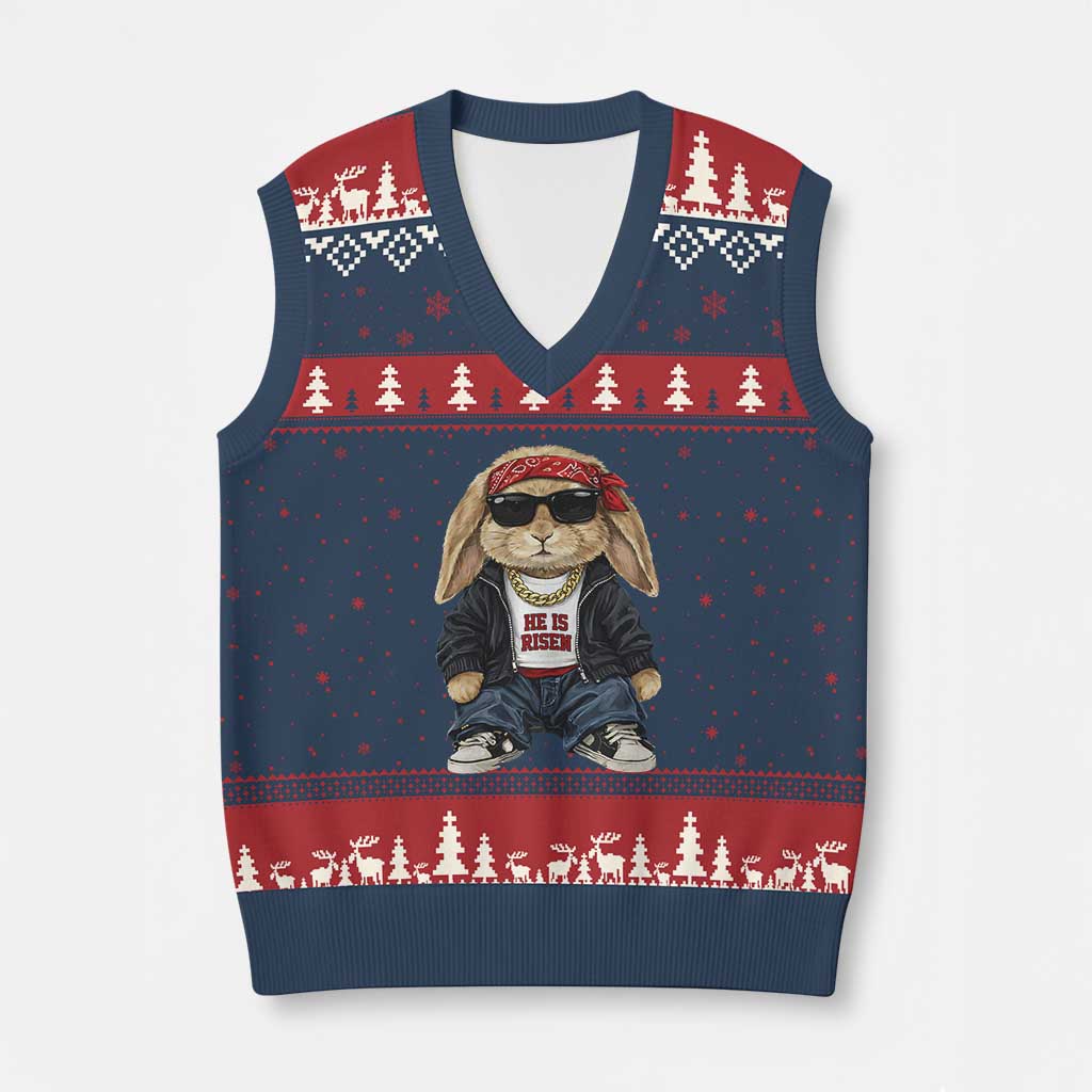 Hip Hop Easter Bunny He is Risen Jesus Religious Christian V-Neck Knit Sweater Vest
