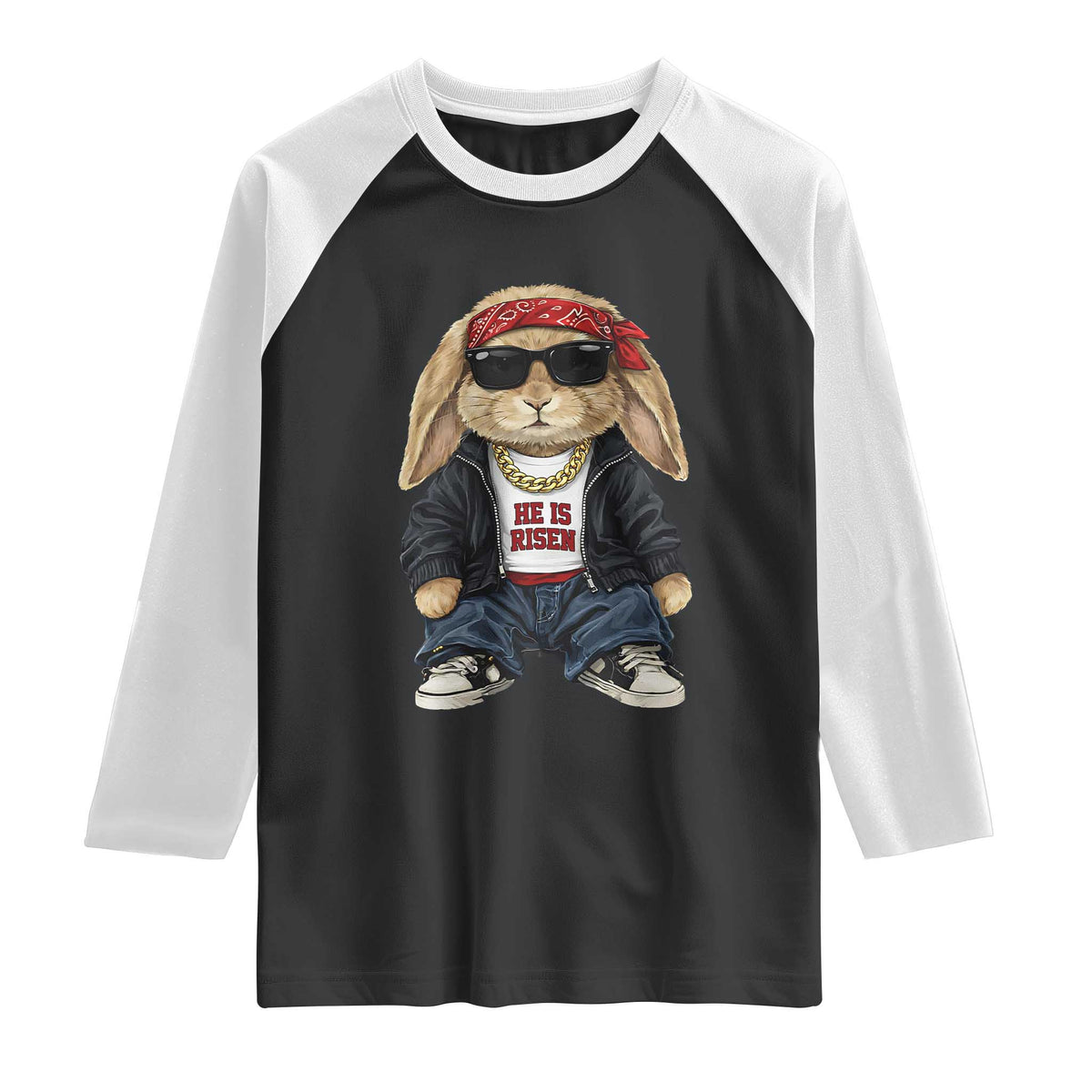 Hip Hop Easter Bunny He is Risen Jesus Religious Christian Raglan Shirt