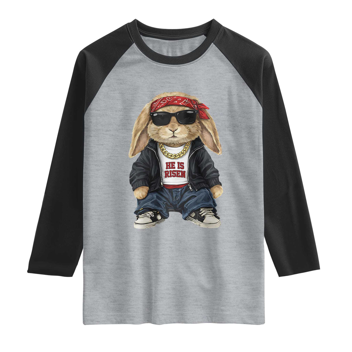 Hip Hop Easter Bunny He is Risen Jesus Religious Christian Raglan Shirt