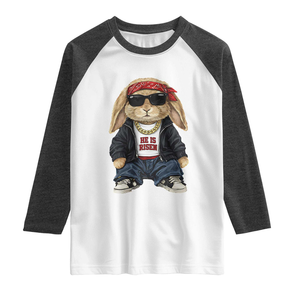 Hip Hop Easter Bunny He is Risen Jesus Religious Christian Raglan Shirt