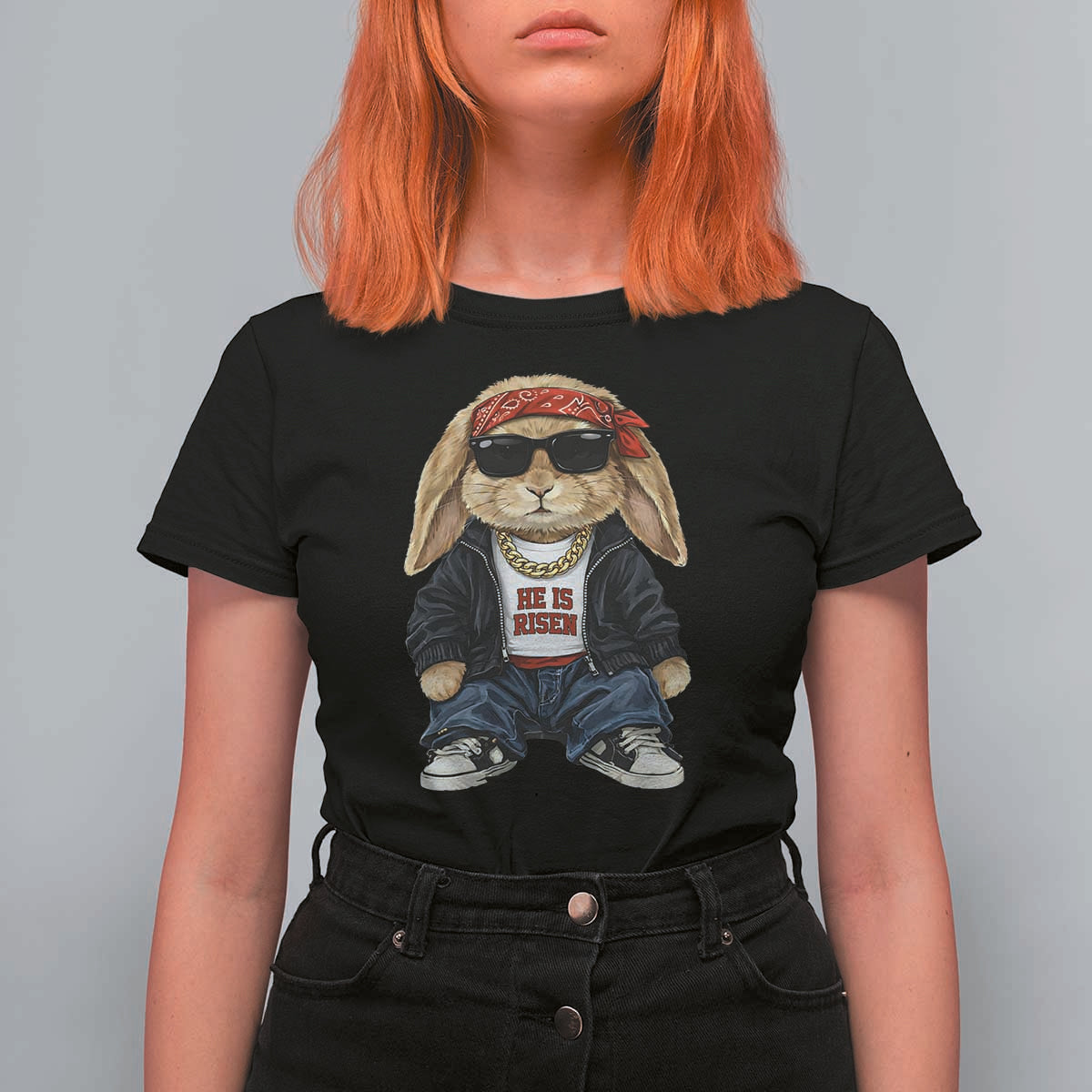 Hip Hop Easter Bunny He is Risen Jesus Religious Christian T Shirt For Women