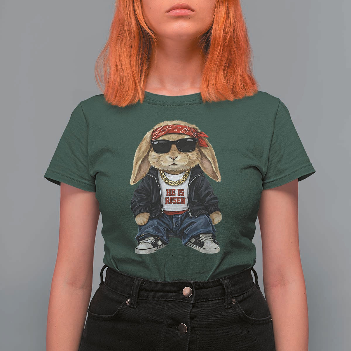 Hip Hop Easter Bunny He is Risen Jesus Religious Christian T Shirt For Women