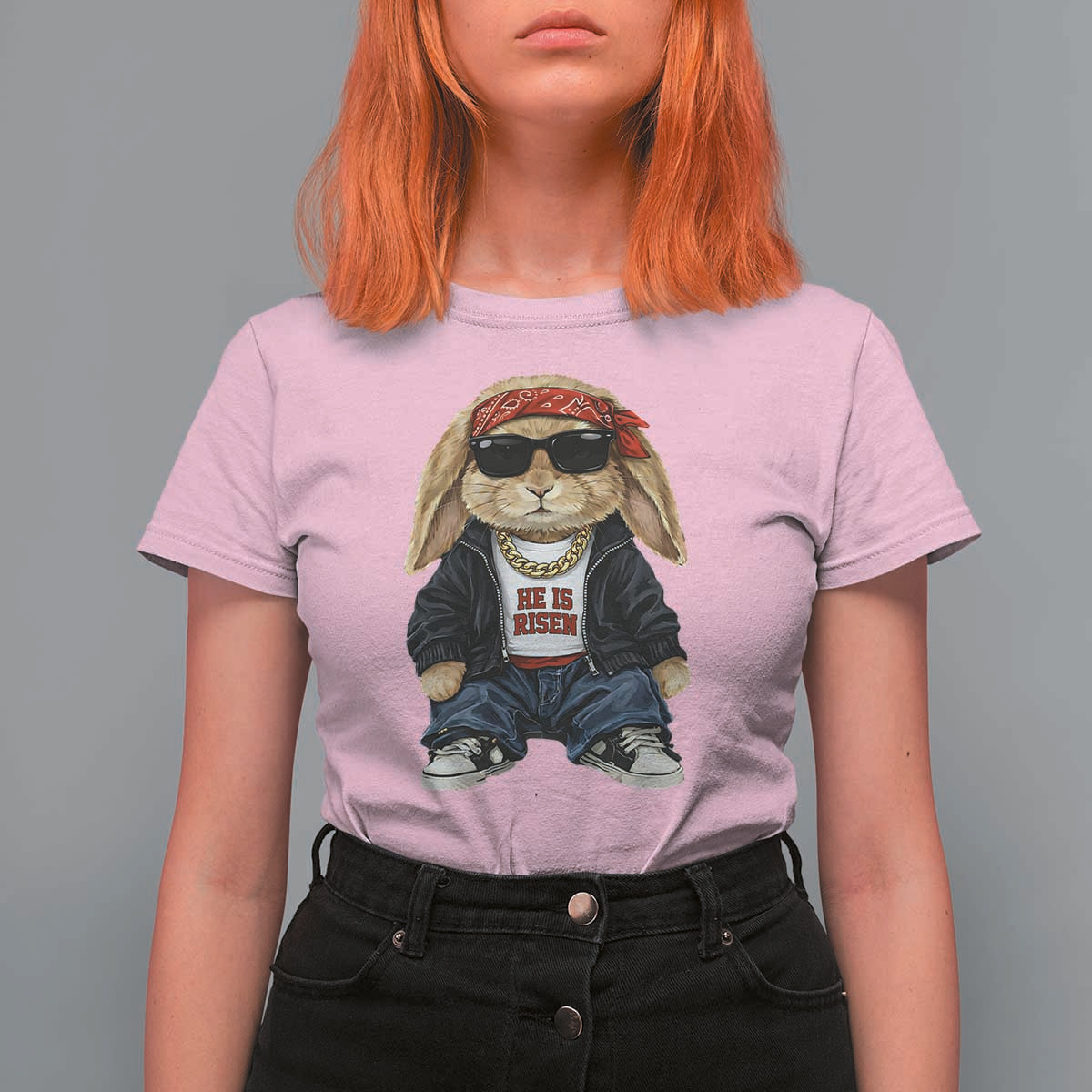 Hip Hop Easter Bunny He is Risen Jesus Religious Christian T Shirt For Women