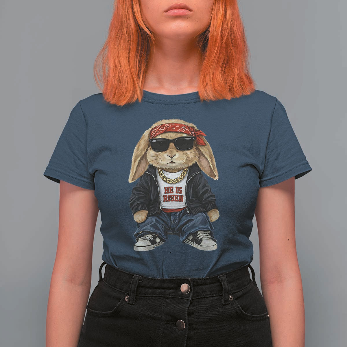 Hip Hop Easter Bunny He is Risen Jesus Religious Christian T Shirt For Women