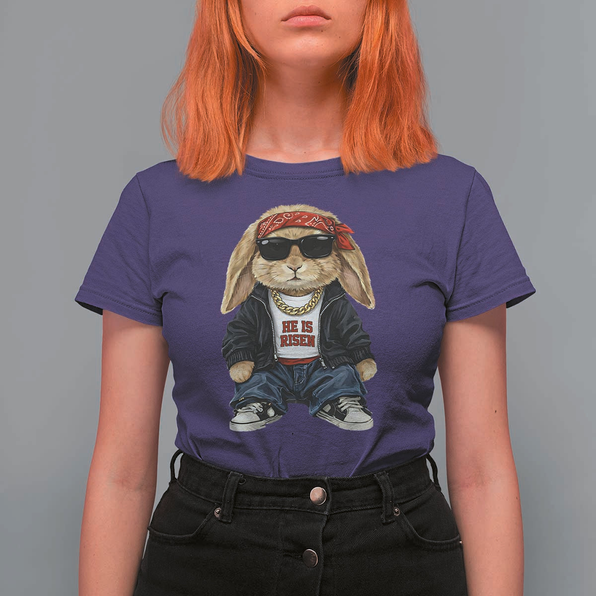 Hip Hop Easter Bunny He is Risen Jesus Religious Christian T Shirt For Women