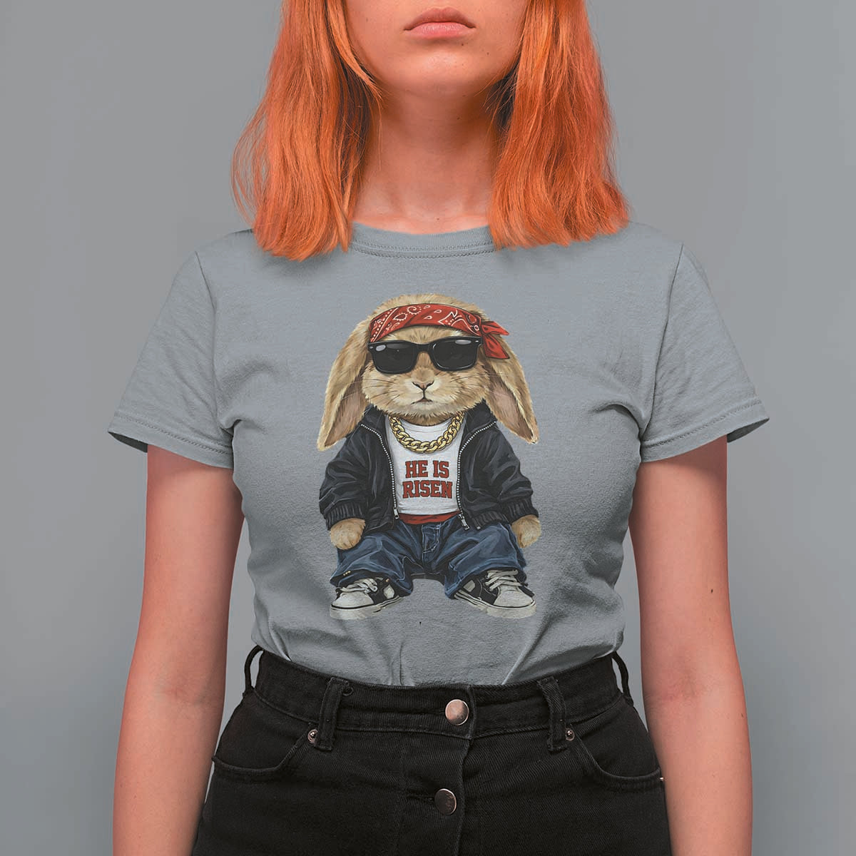 Hip Hop Easter Bunny He is Risen Jesus Religious Christian T Shirt For Women