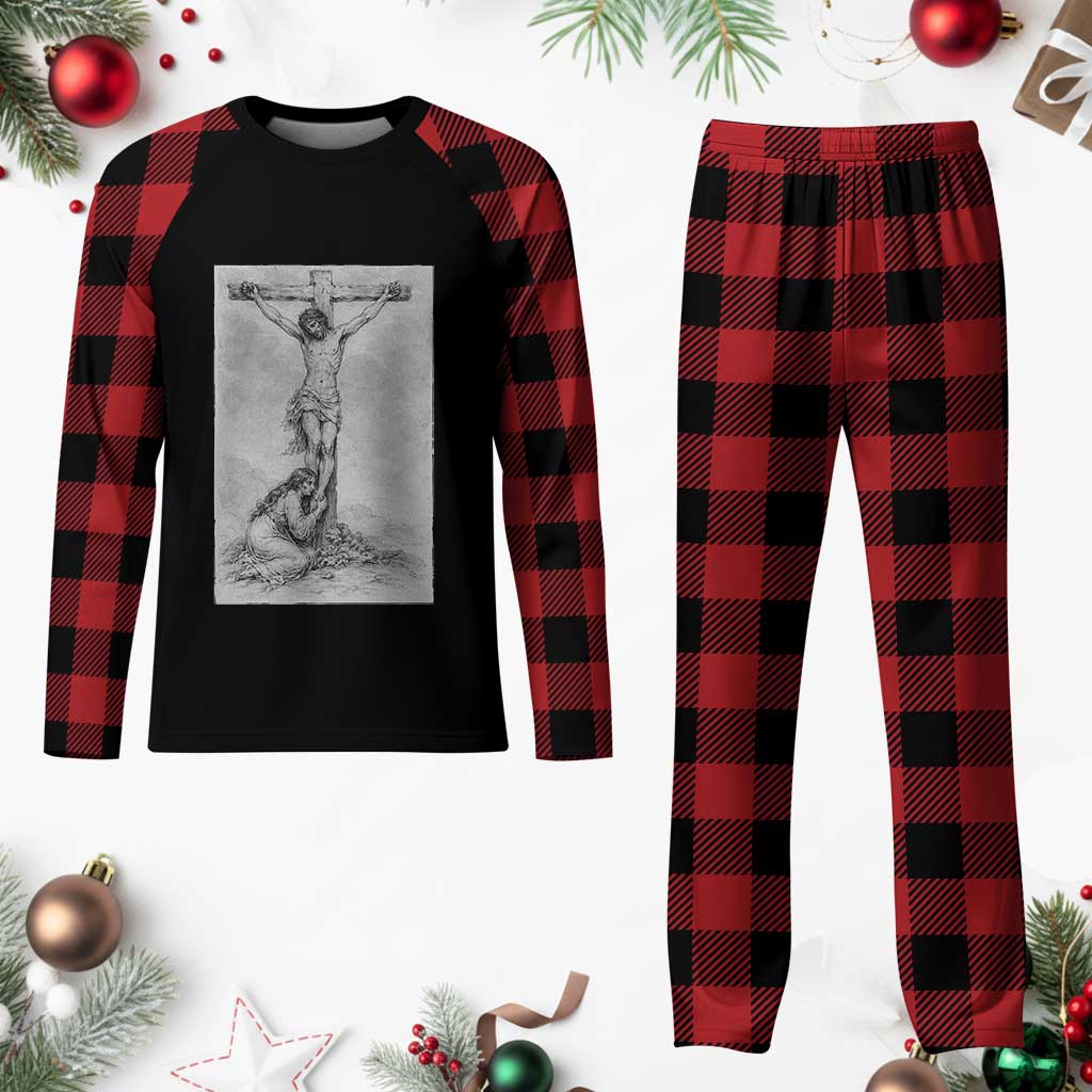 Jesus and St Mary Magdalene At The Cross Plaid Pajama Set Vintage Catholic Lent