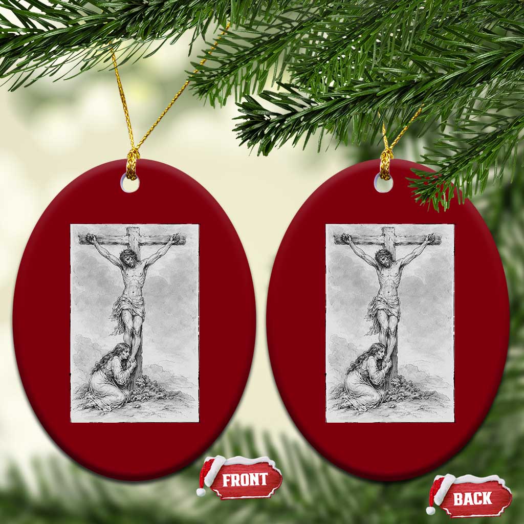 Jesus and St Mary Magdalene At The Cross Ceramic Ornament Vintage Catholic Lent
