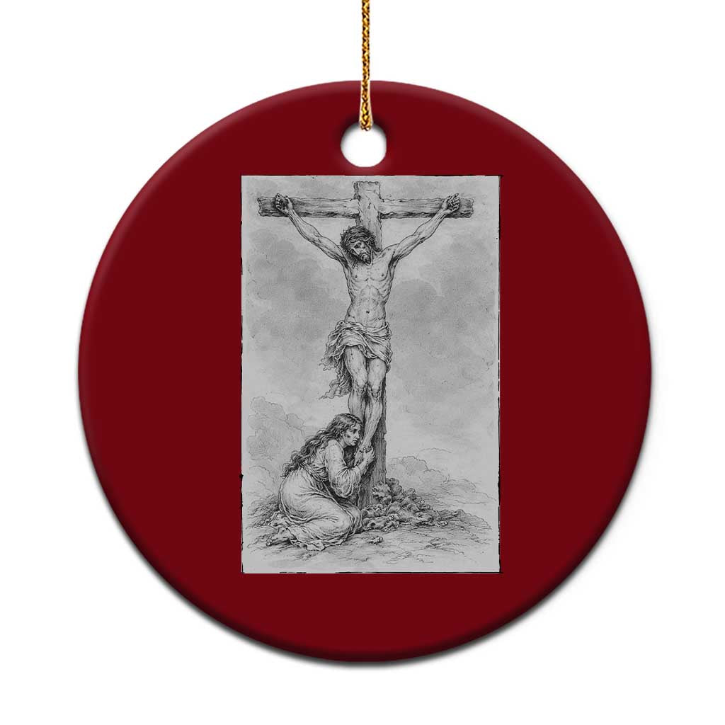 Jesus and St Mary Magdalene At The Cross Ceramic Ornament Vintage Catholic Lent
