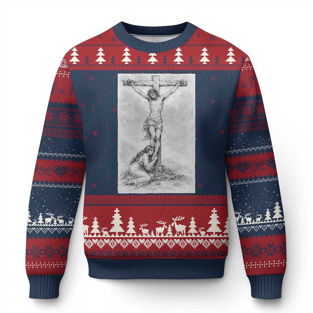 Jesus and St Mary Magdalene At The Cross Ugly Christmas Sweater Vintage Catholic Lent