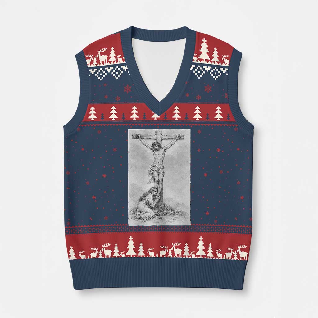 Jesus and St Mary Magdalene At The Cross V-Neck Knit Sweater Vest Vintage Catholic Lent