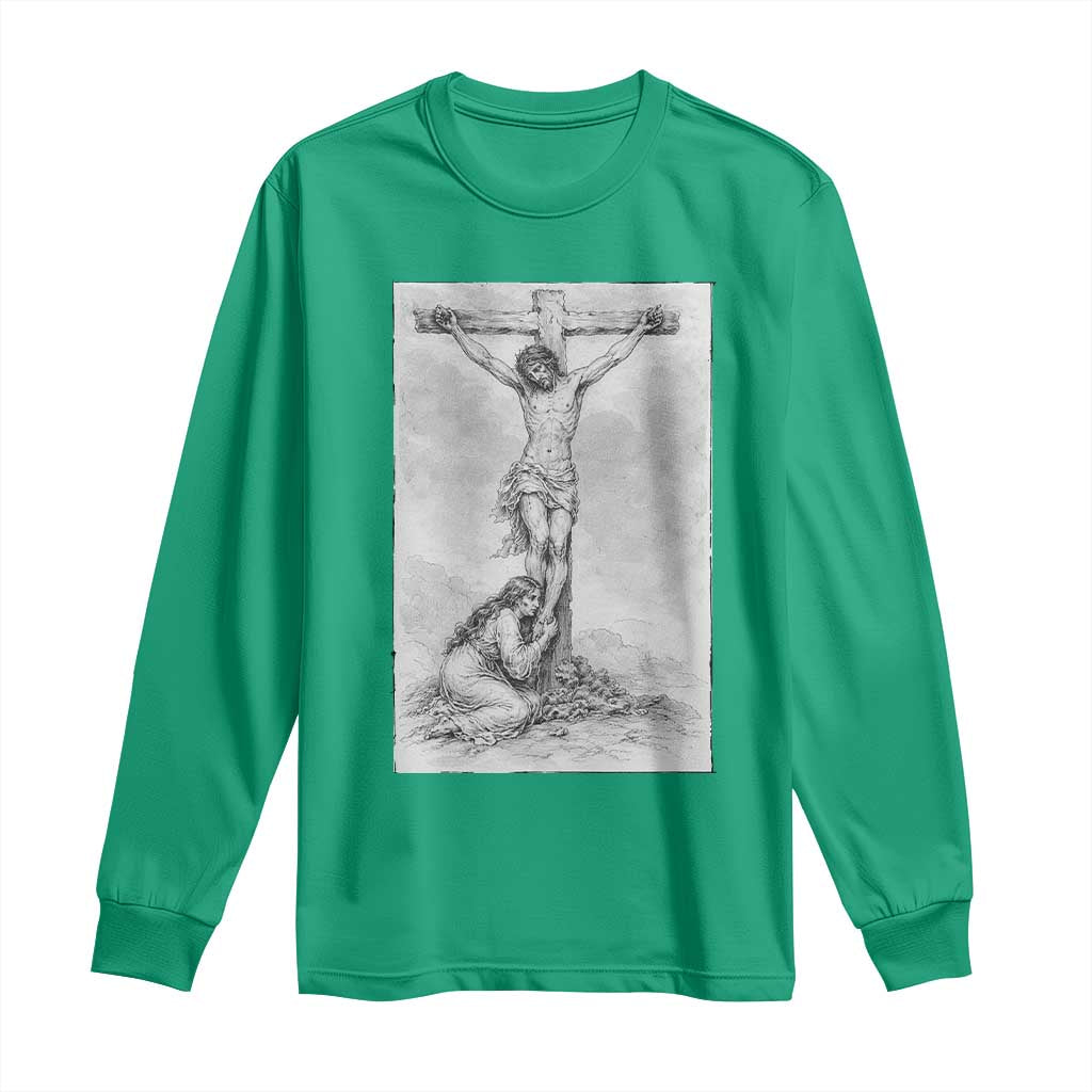 Jesus and St Mary Magdalene At The Cross Long Sleeve Shirt Vintage Catholic Lent