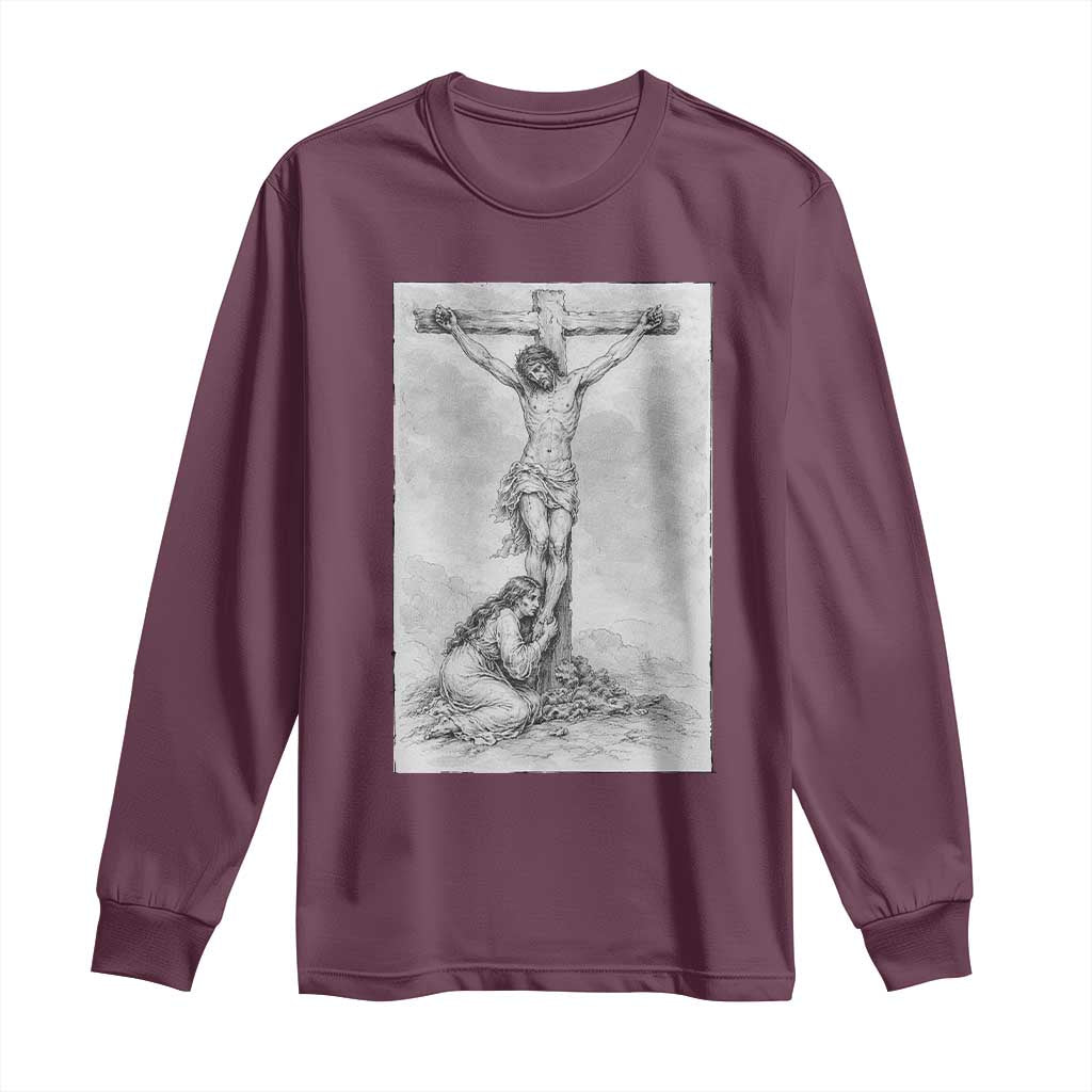 Jesus and St Mary Magdalene At The Cross Long Sleeve Shirt Vintage Catholic Lent