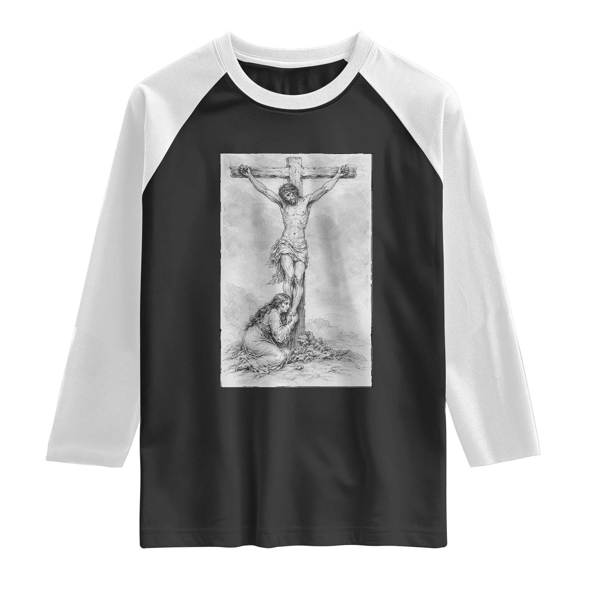 Jesus and St Mary Magdalene At The Cross Raglan Shirt Vintage Catholic Lent