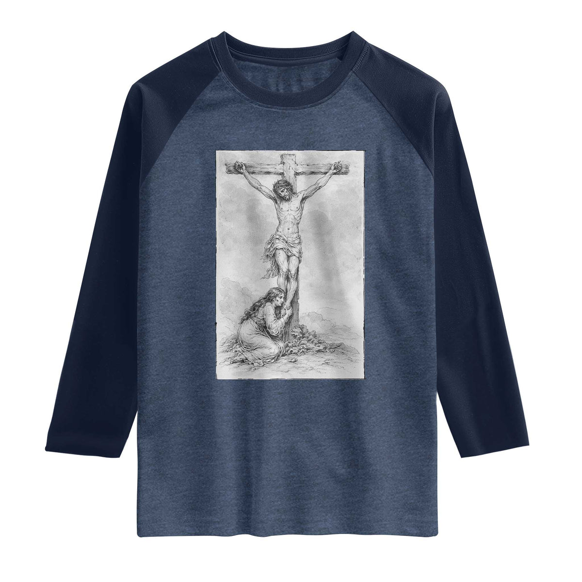 Jesus and St Mary Magdalene At The Cross Raglan Shirt Vintage Catholic Lent