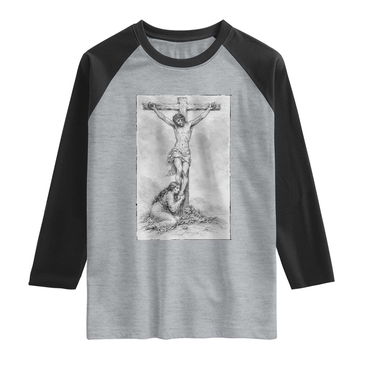 Jesus and St Mary Magdalene At The Cross Raglan Shirt Vintage Catholic Lent