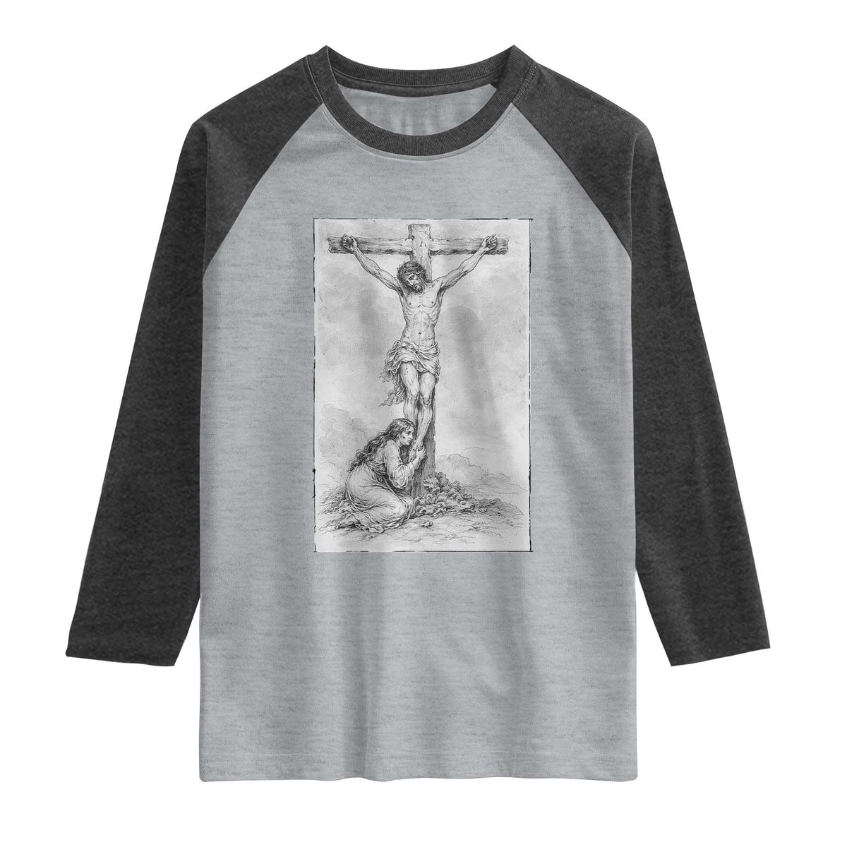 Jesus and St Mary Magdalene At The Cross Raglan Shirt Vintage Catholic Lent