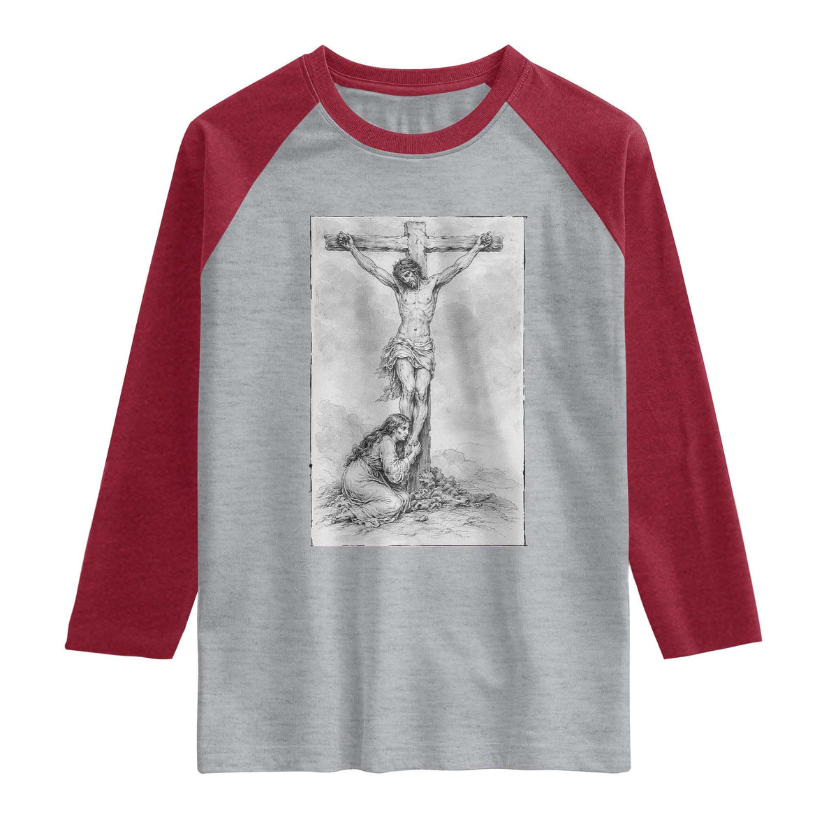 Jesus and St Mary Magdalene At The Cross Raglan Shirt Vintage Catholic Lent