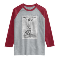 Jesus and St Mary Magdalene At The Cross Raglan Shirt Vintage Catholic Lent