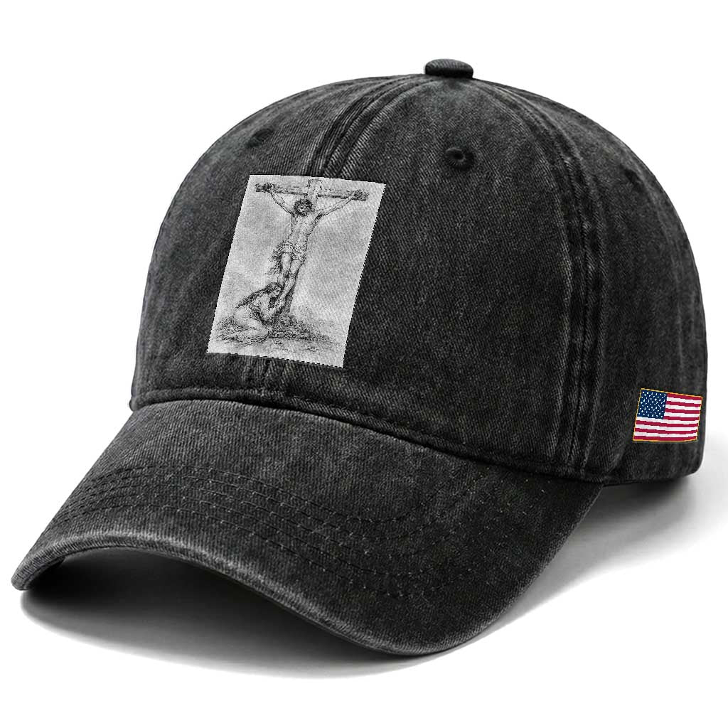 Jesus and St Mary Magdalene At The Cross Washed Cotton Baseball Cap Vintage Catholic Lent