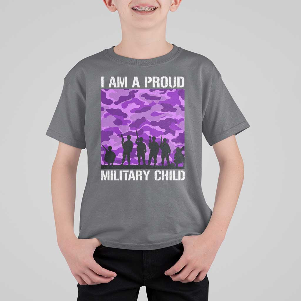 I Am A Proud Military Child T Shirt For Kid Military Child Month Purple Camouflage Flag