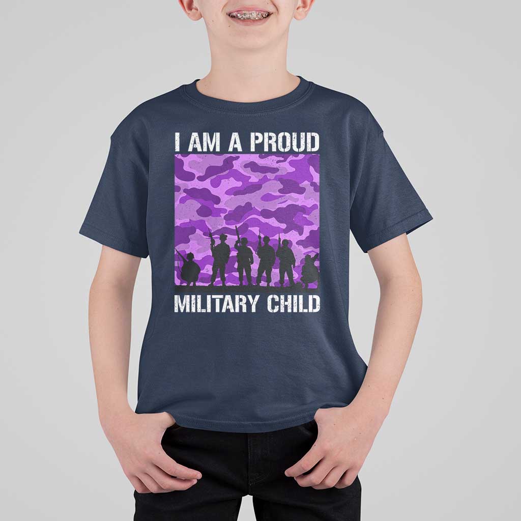 I Am A Proud Military Child T Shirt For Kid Military Child Month Purple Camouflage Flag