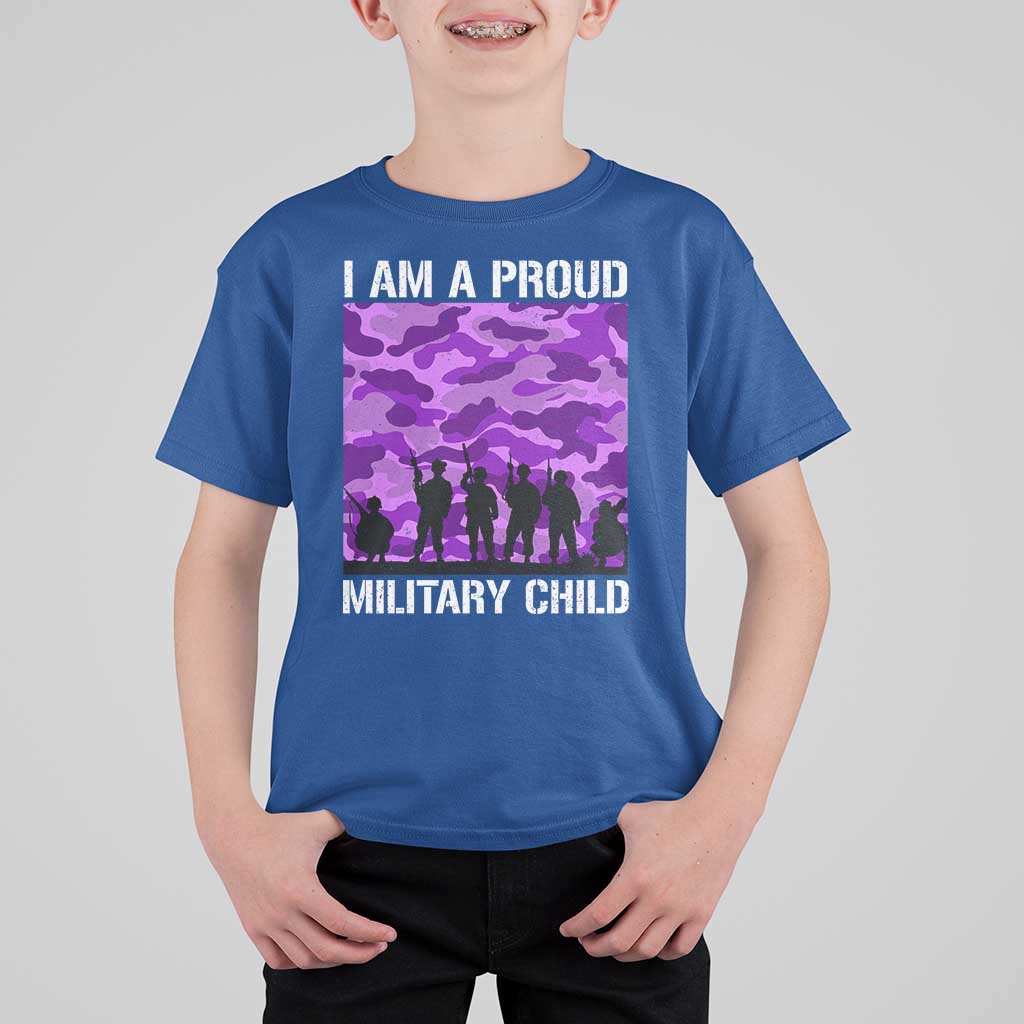 I Am A Proud Military Child T Shirt For Kid Military Child Month Purple Camouflage Flag