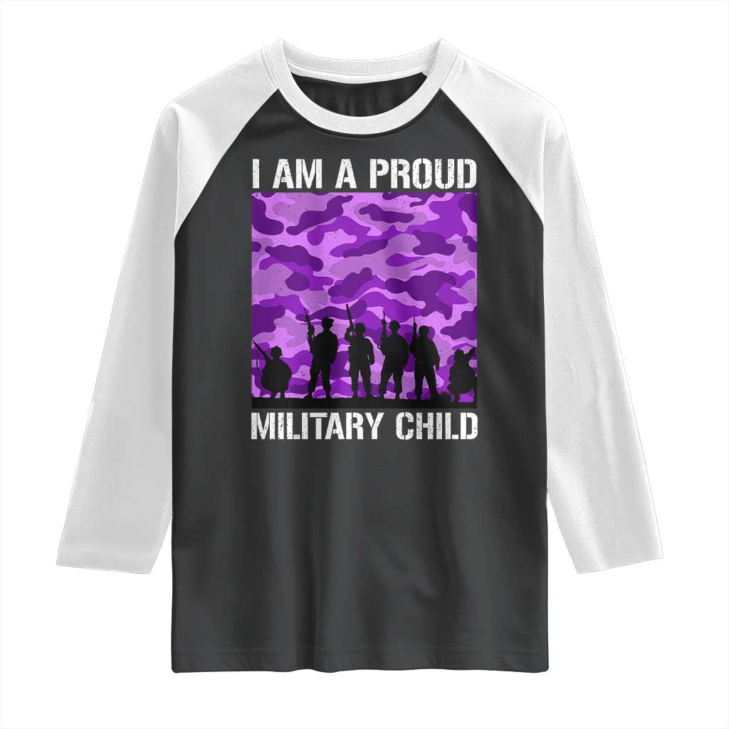 I Am A Proud Military Child Raglan Shirt Military Child Month Purple Camouflage Flag