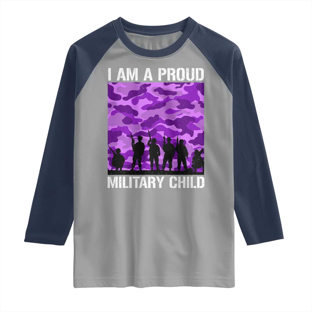 I Am A Proud Military Child Raglan Shirt Military Child Month Purple Camouflage Flag