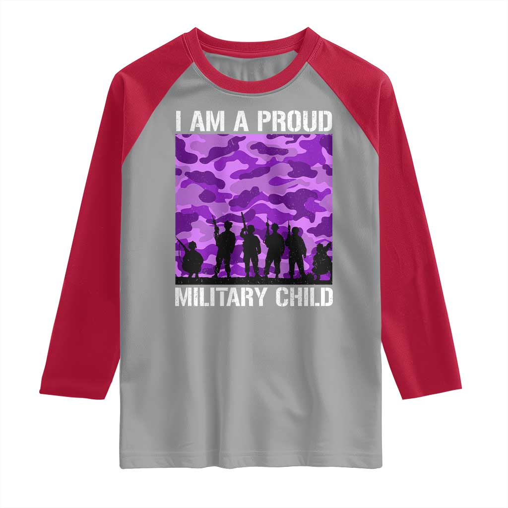 I Am A Proud Military Child Raglan Shirt Military Child Month Purple Camouflage Flag